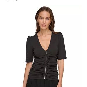 DKNY Black Gathered V-Neck Blouse